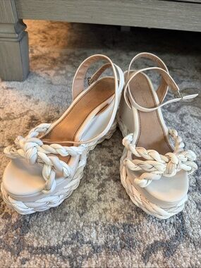 Braided White Platform Wedge Slingbacks